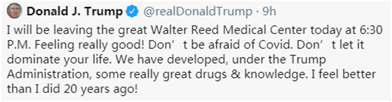 特朗普|关注 | 特朗普号召“别怕新冠”，美国队长怒怼：能跟你比？