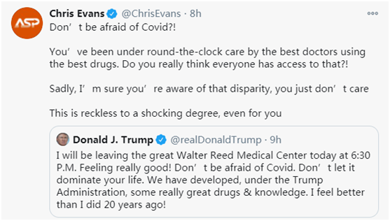 特朗普|关注 | 特朗普号召“别怕新冠”，美国队长怒怼：能跟你比？