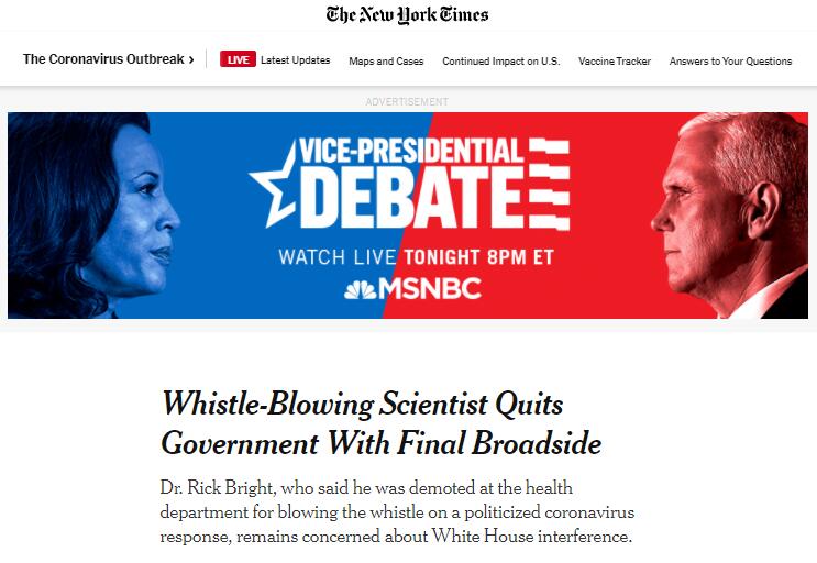 特朗普|美“吹哨官员”辞去最后一个政府职务，此前曾称自己因反对特朗普推荐“神药”被降职