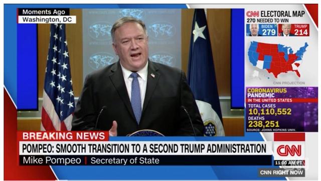 特朗普|表示会向“第二届特朗普政府顺利过渡”的蓬佩奥又改口了，美媒：此前他是为了自保