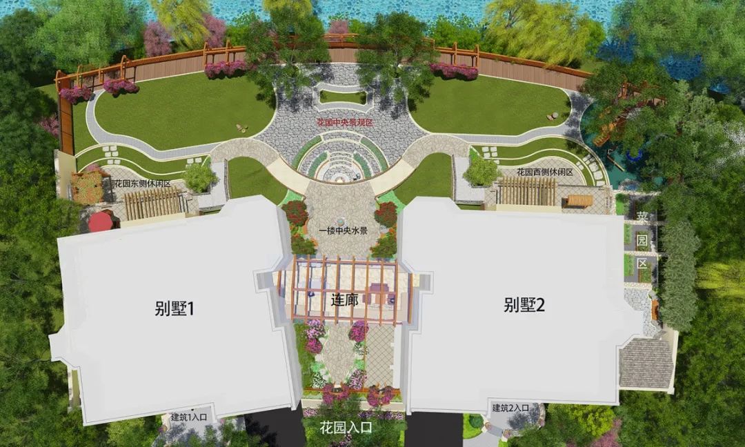 花园横纵比例关系的调节,入口的选择两栋独立别墅的链接,外围景物的