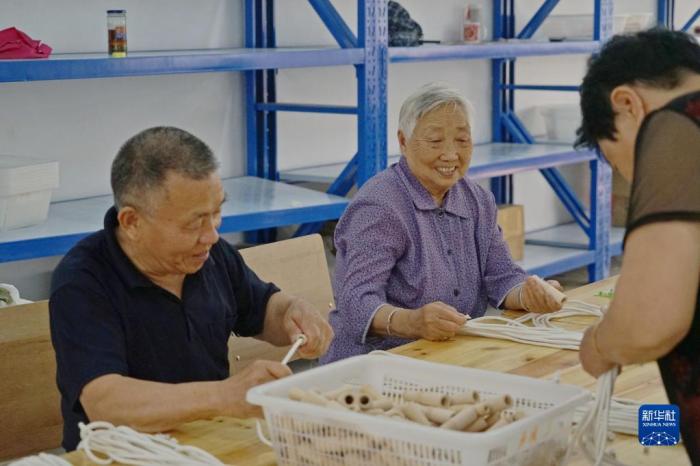 6月15日，在云和县大坪社区就业服务中心，严彩岳(左二)在进行木制玩具组装。新华社记者 林光耀 摄