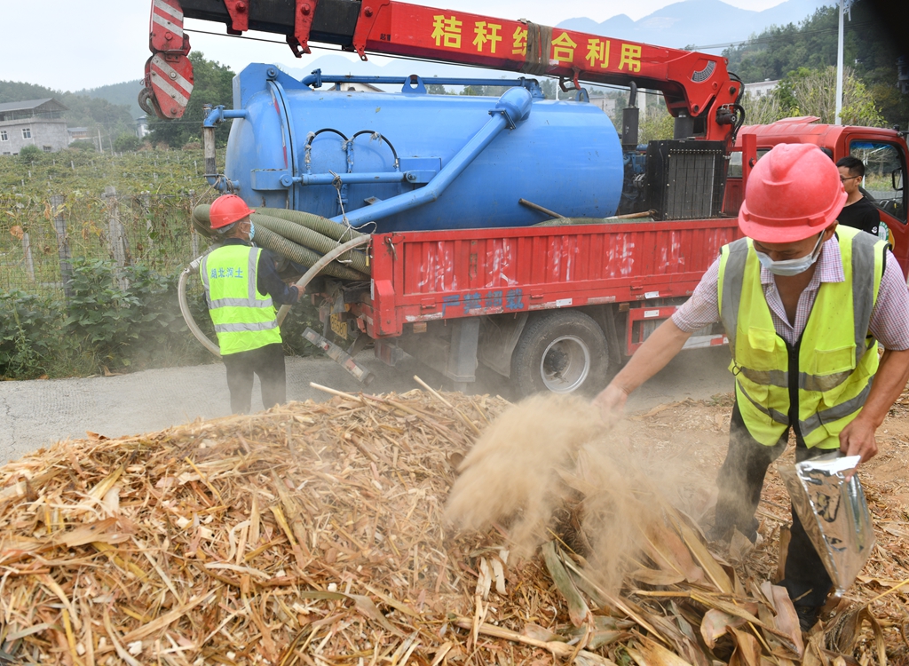 湖北润土农业科技有限公司技术员按计量在表面洒上生物发酵剂，喷洒适量的沼液