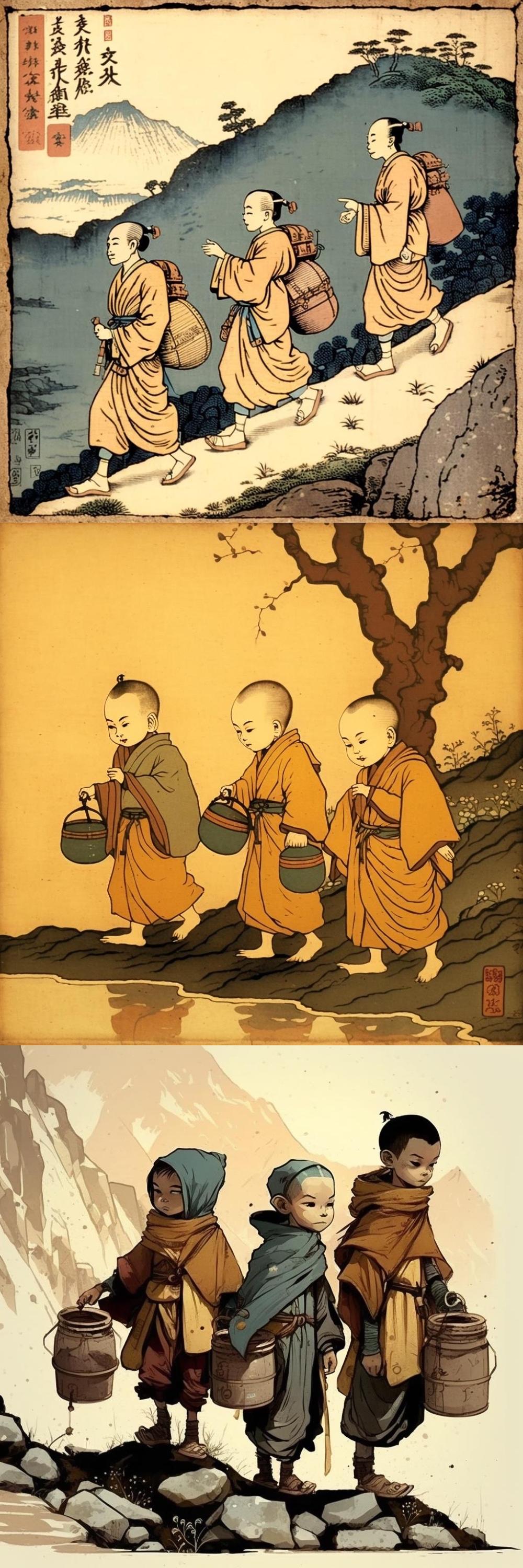 ai绘制的三幅"三个小和尚下山打水喝"ai交出的作品,他还比较满意.