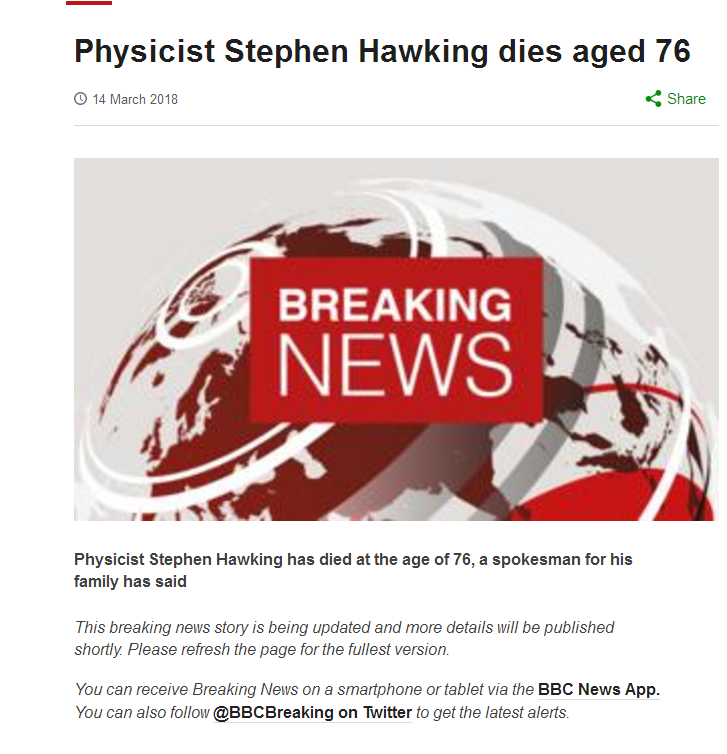 知名物理学家史蒂芬·霍金去世　享年76岁