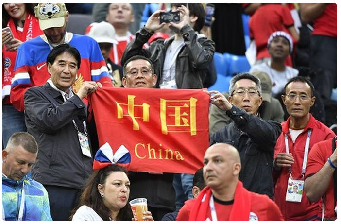图为在圣彼得堡举行的俄罗斯队对阵埃及队的世界杯小组赛中，中国球迷在看台上打出条幅（2018年6月19日摄）。 新华社记者陈益宸摄