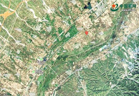 阳明堡地区卫星地图,红1处为阳明堡机场遗址,其东南方的滹沱河亦可辨认。