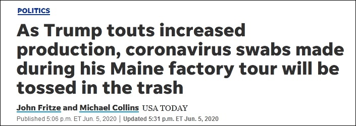 观察者网工厂：丢弃当日产品，特朗普未戴口罩参观生产拭子