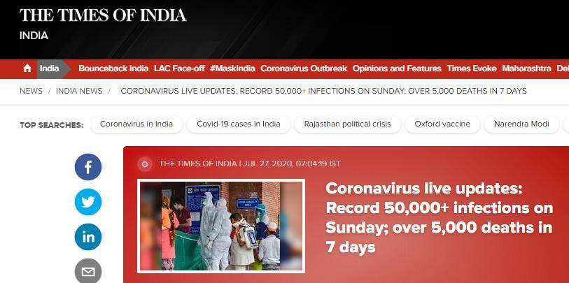 印度新冠确诊病例单日新增首次超过5万例