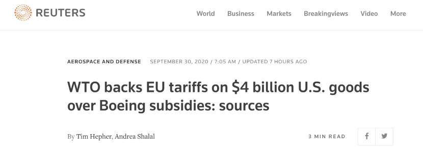 反制！世贸组织同意欧盟向美国40亿美元商品加税