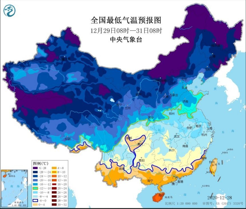 图2 2020年12月29日08时至31日08时过程最低气温预报