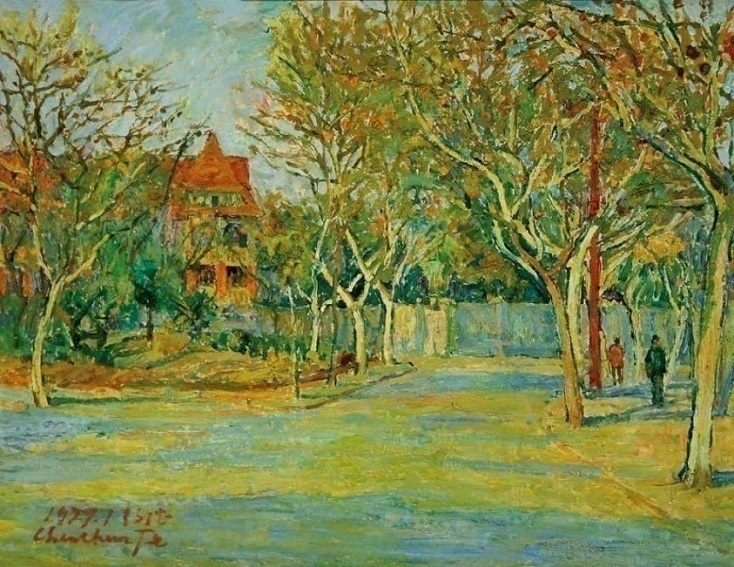 1977  有过普希金铜像的街  50×70cm  布面油画.JPG