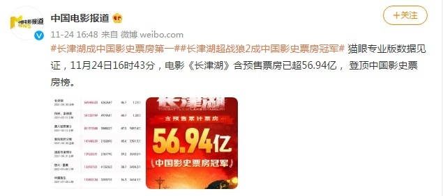 祝贺！《长津湖》 登顶中国影史票房榜！