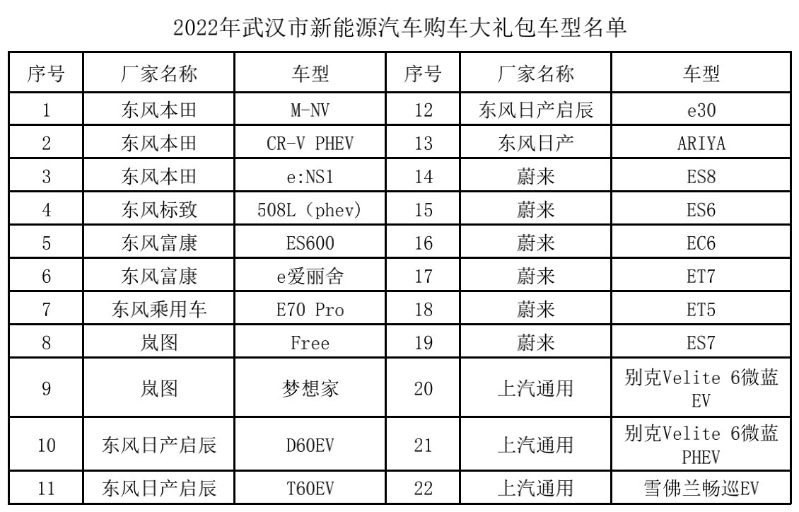 2022年武汉市系能源汽车购车大礼包车型名单