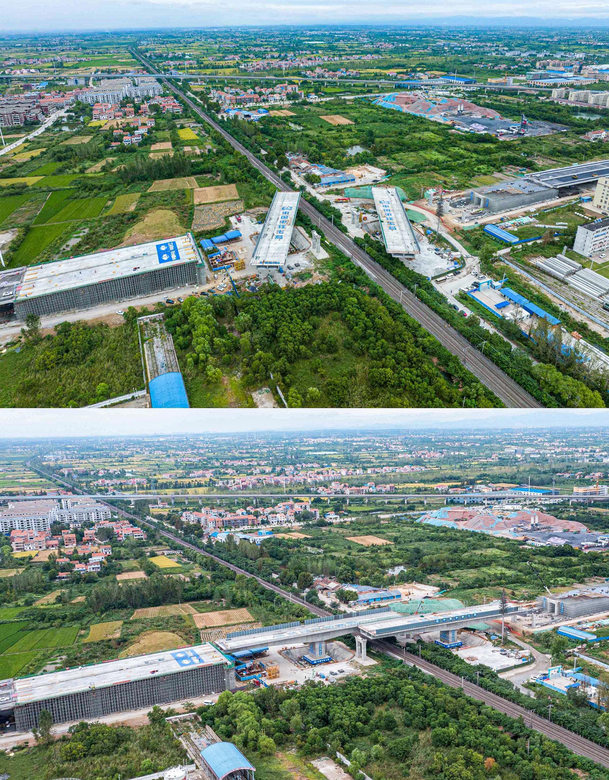 两座万吨桥梁转体前后 新华社发