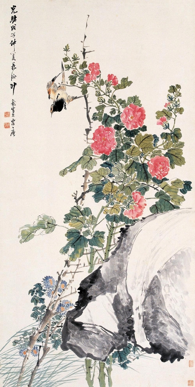 名家画蜀葵花开步步高