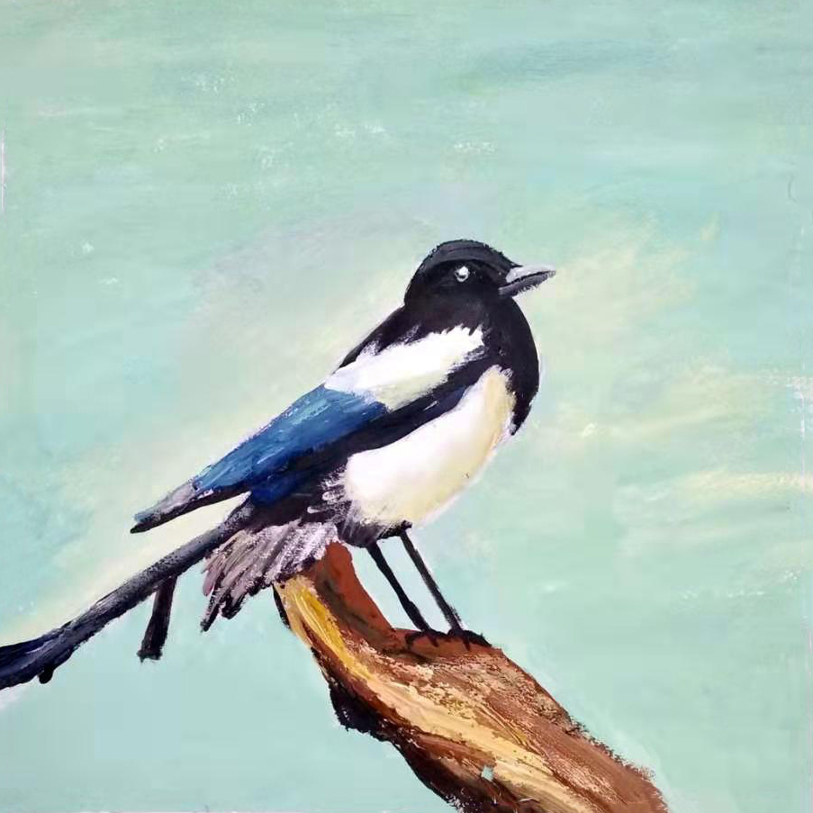 一格画画少儿美术教育学院小学员马铭瞳水粉绘画作品《喜鹊》