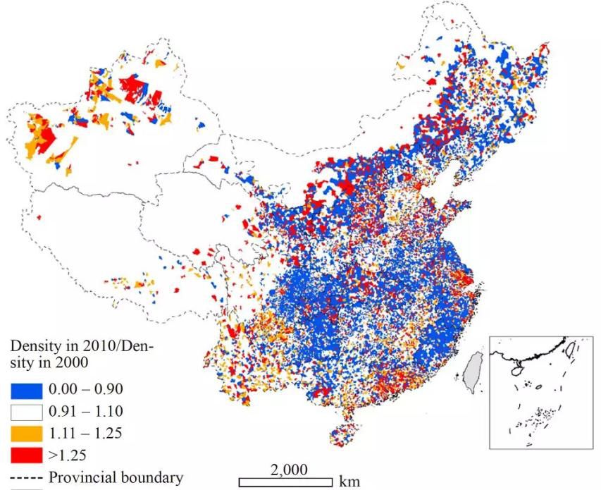 (图为2000-2010年中国城市人口密度的变化)