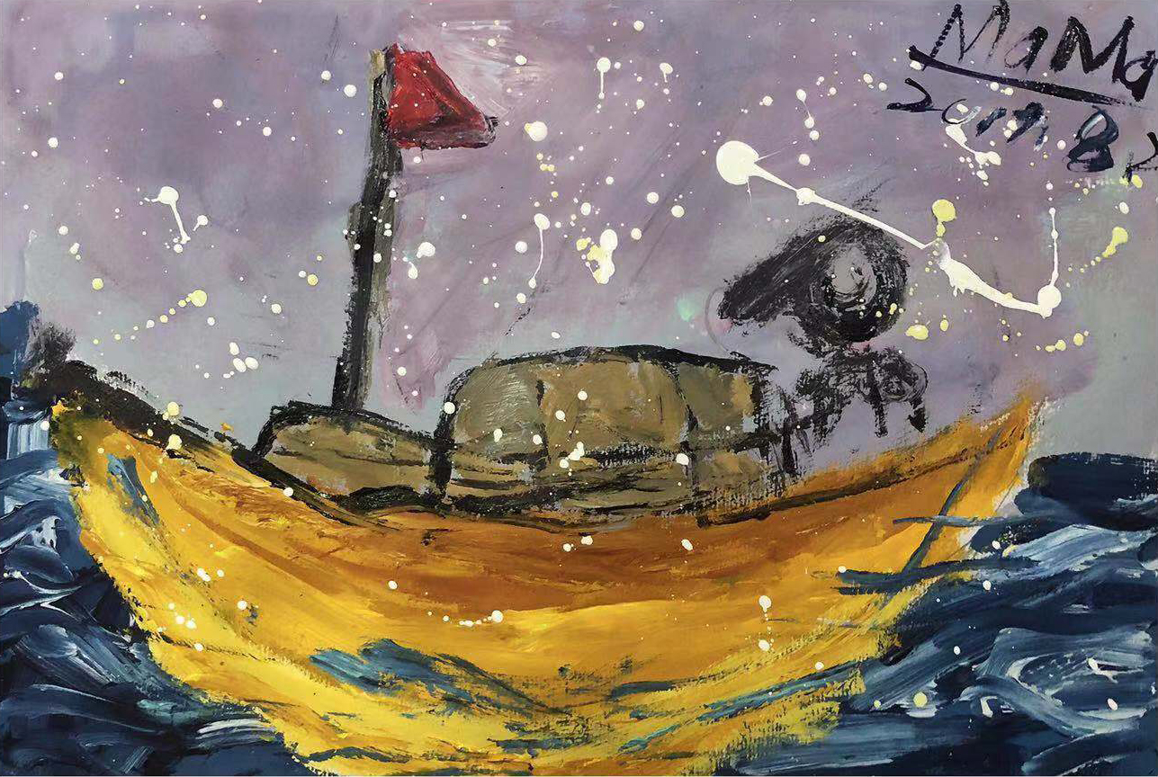 一格画画少儿美术教育学院学员水粉绘画作品《香蕉船》