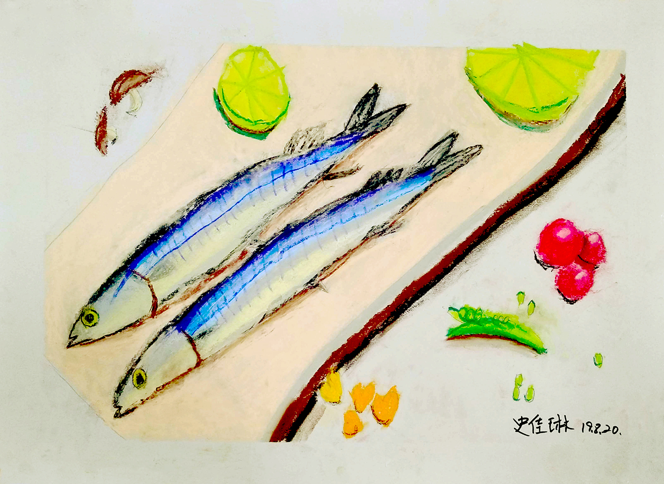 一格画画少儿美术教育学院小学员史佳琳色粉绘画作品秋刀鱼