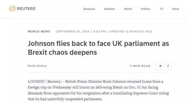 环球时报：英国首相约翰逊紧急回国