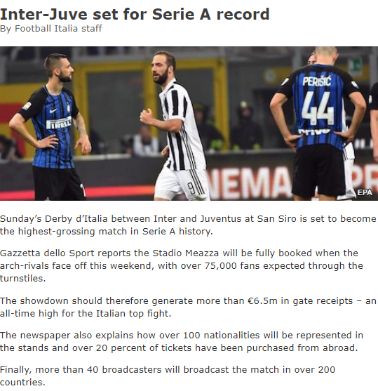 「叶青足球世界」200个国家直播！意甲巅峰德比票房650万欧元，刷新110年纪录