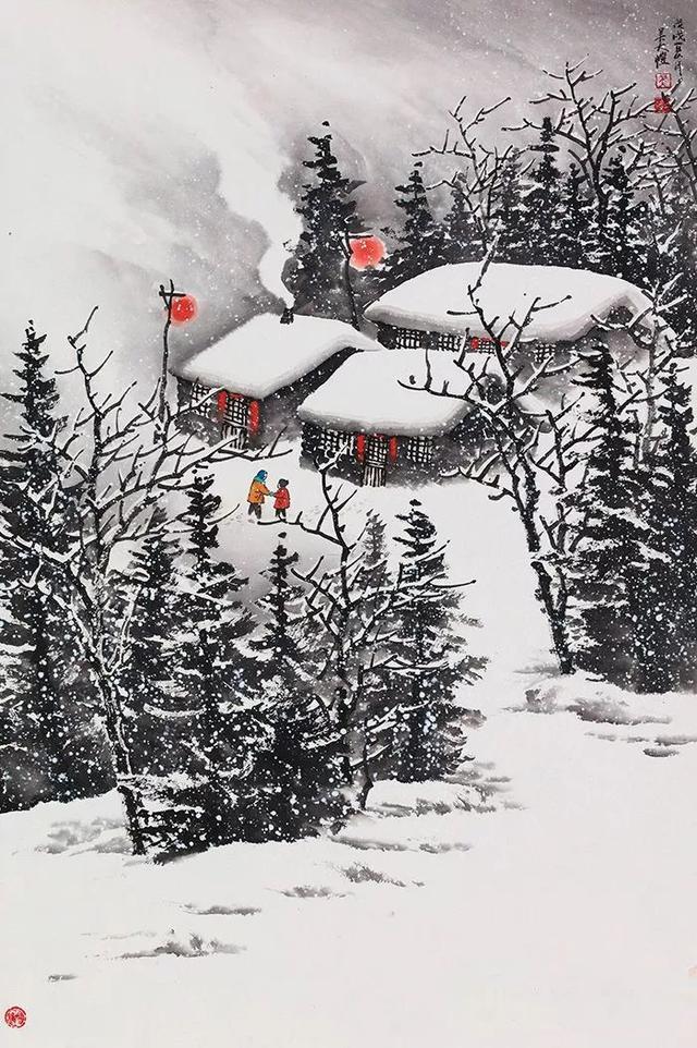 写意冬天雪景国画图片