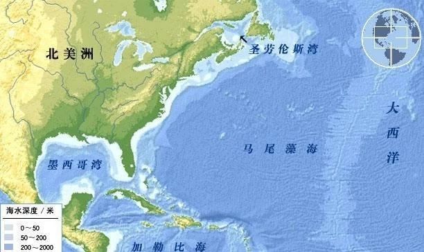 马尾藻海位于大西洋,面积约200万平方英里,形状如同一座透镜状的液体