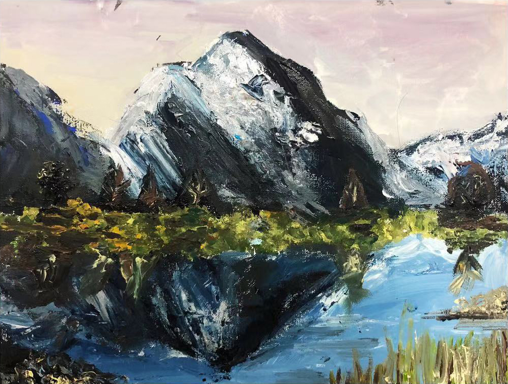 一格画画少儿美术教育学院佟铭晨水粉绘画作品阿尔卑斯山7岁