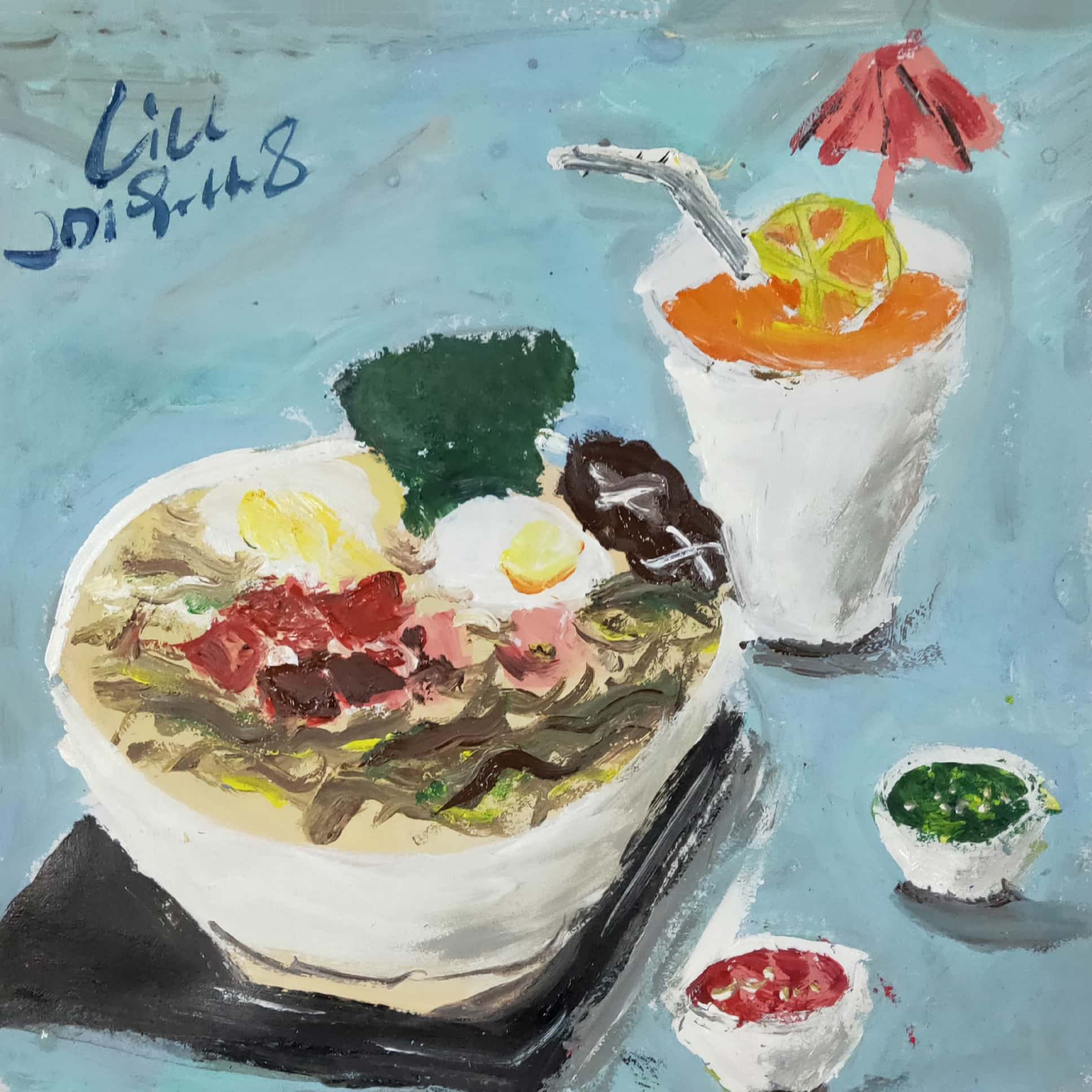 一格画画少儿美术教育学院杜佳彧小学员水粉绘画作品拉面9岁