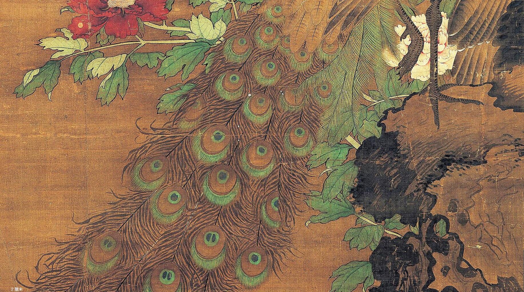 《杏花孔雀图》局部