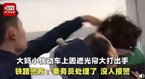 「燕赵都市报」因遮光帘大妈小伙动车上互殴，互骂“你没有公德心”