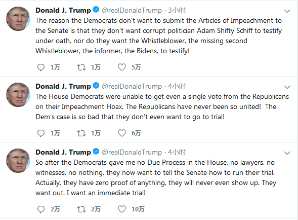 环球时报■特朗普：希望参议院弹劾总统审判立即开始