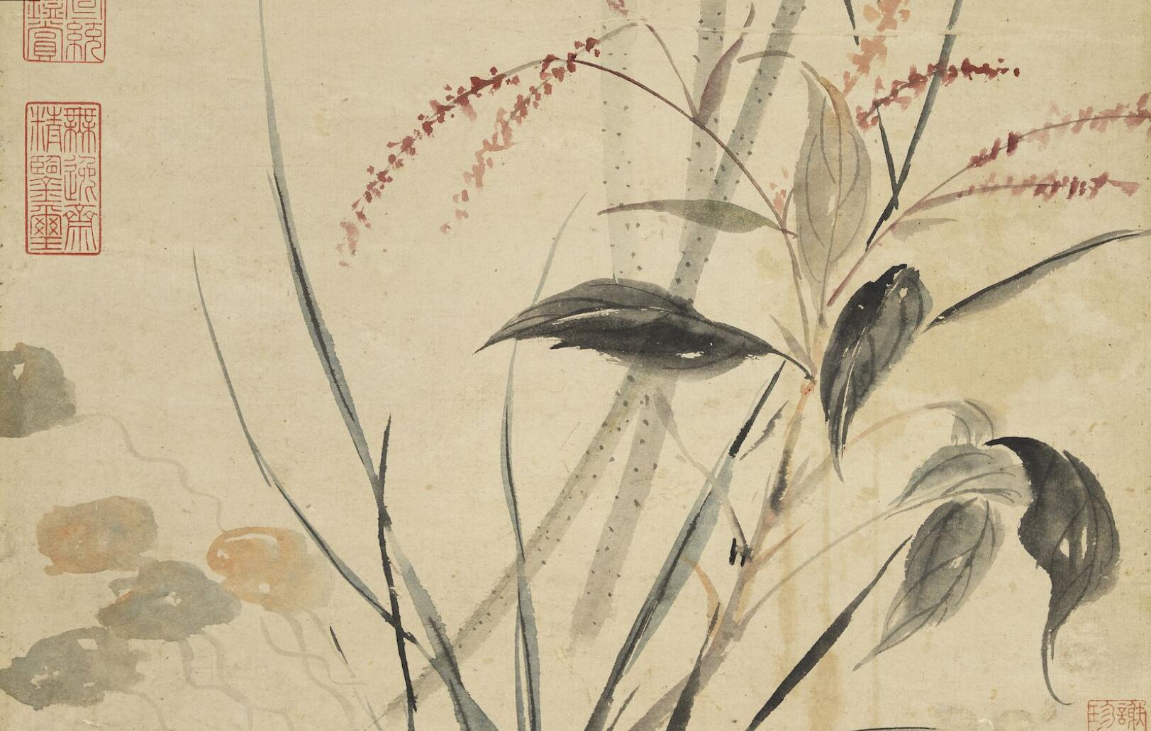 一花半叶,淡墨欹毫,自有疏斜历乱之致,与徐渭并称白阳,青藤