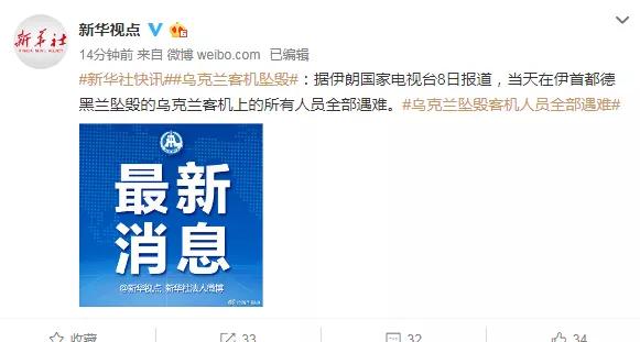 燕赵都市报■乌克兰一架波音737客机在伊朗坠毁，机上180人全部遇难