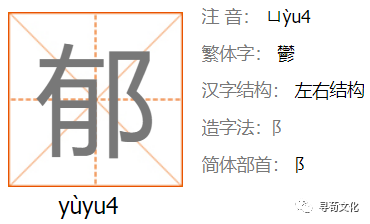 二,姓氏读音 拼音:yù 注音:ㄩˋ 繁体字:郁 汉字结构:左右结构 造字