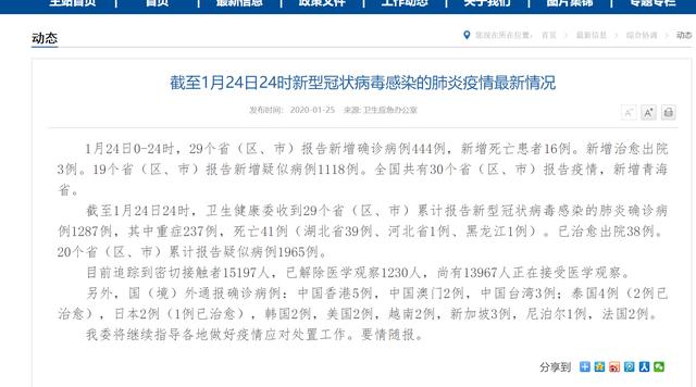 「红星新闻」24小时新增444例！全国累计确诊新型肺炎1287例重症237例死亡41例