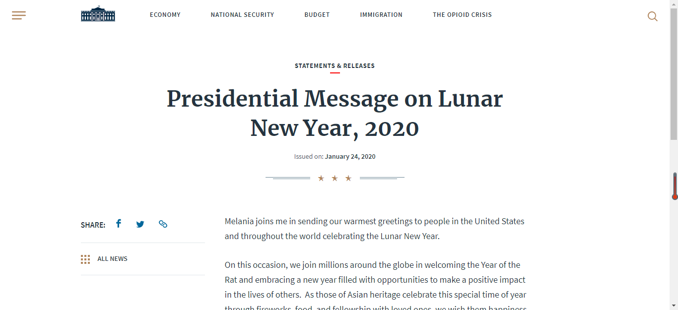 [环球时报]美国总统特朗普发表2020年农历新年贺词