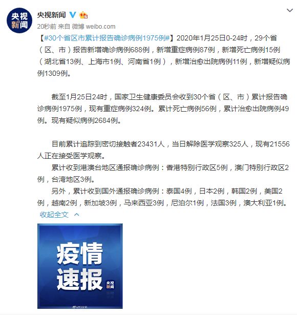 陕西法制网■全国确诊1975例，死亡56例 全国30省一级响应！