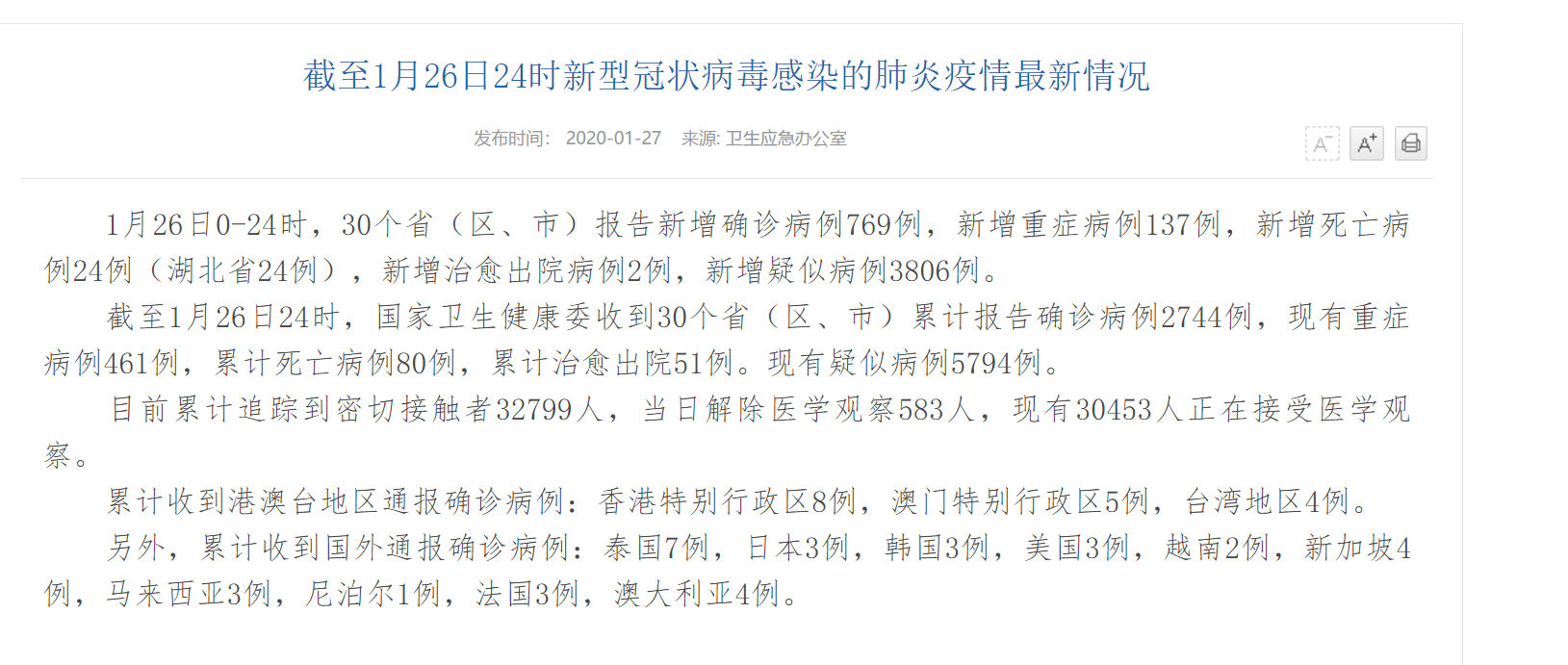 「红星新闻」全国累计新型肺炎确诊病例2744例 死亡病例80例