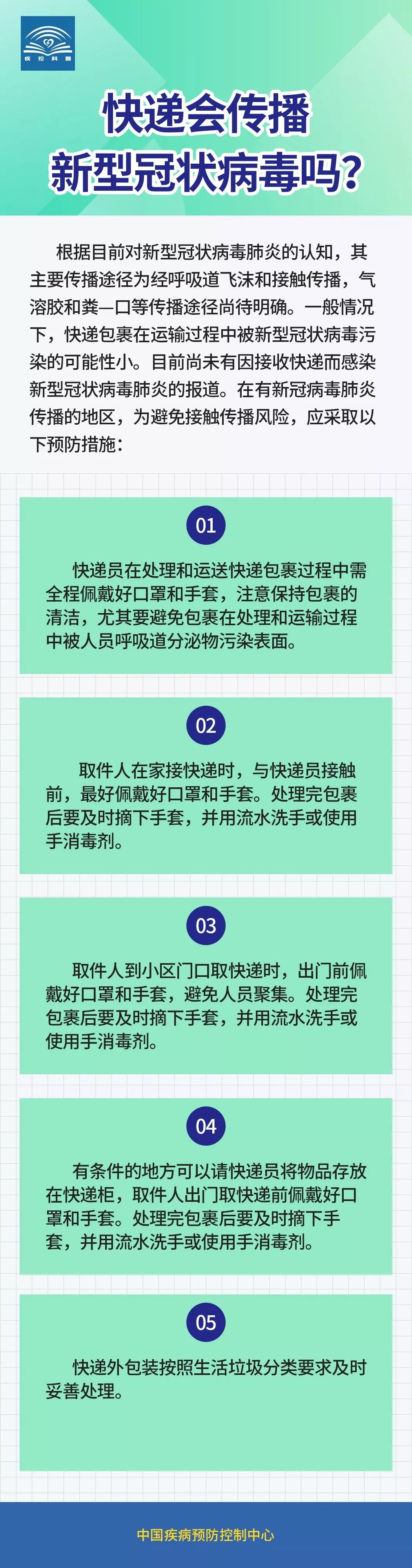 「中国疾控中心」快递会传播新型冠状病毒吗？