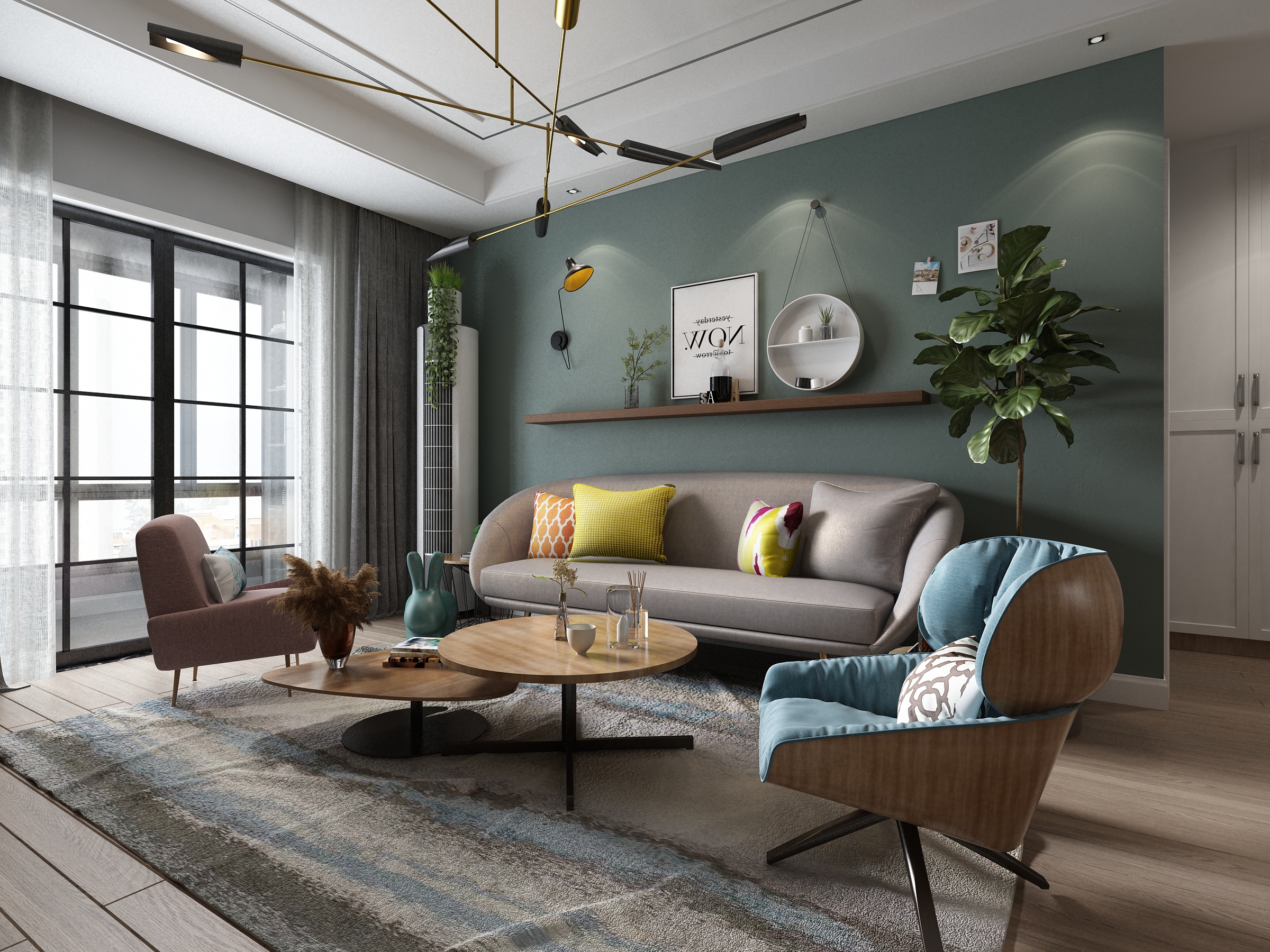 110平米北欧风格客厅绿色沙发背景代表勃勃生机和舒适很养眼