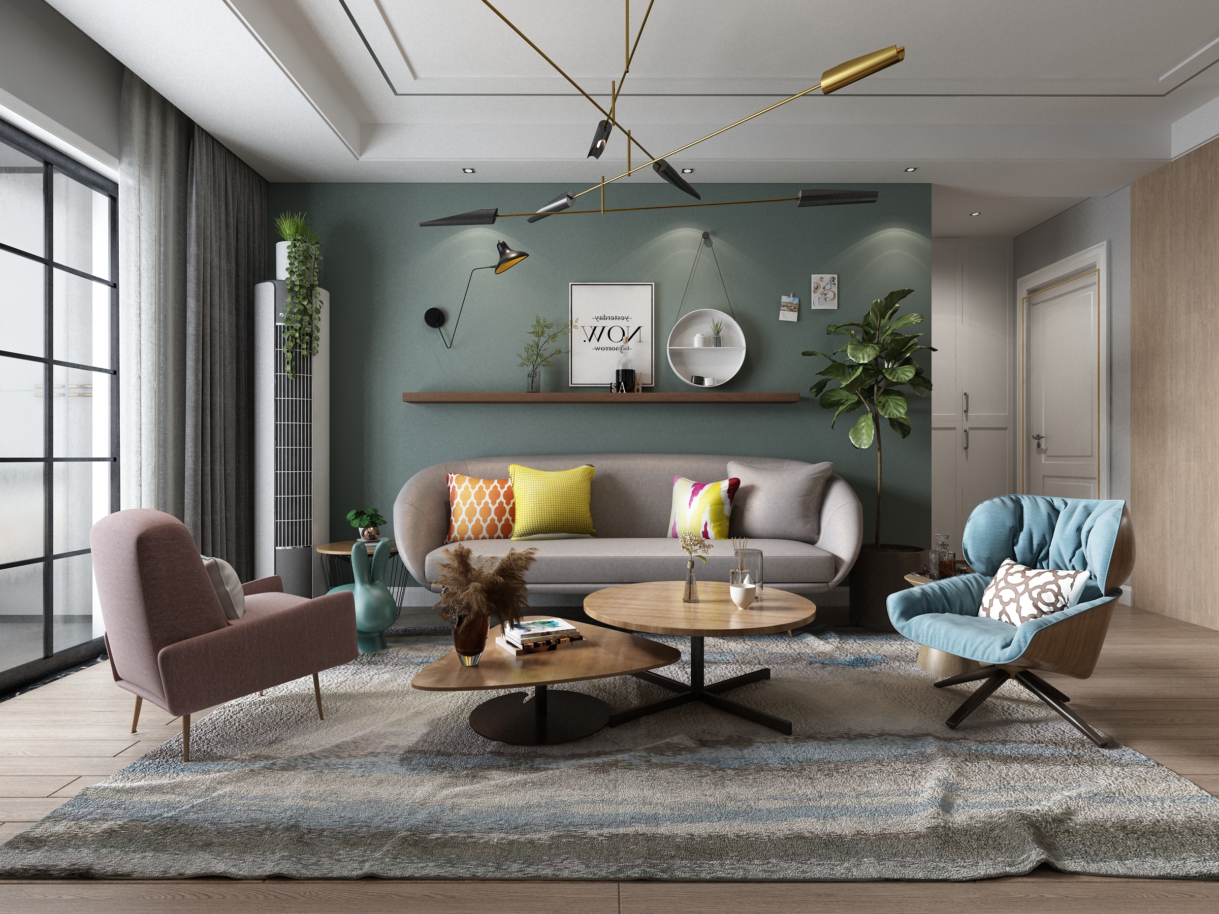 110平米北欧风格客厅绿色沙发背景代表勃勃生机和舒适很养眼