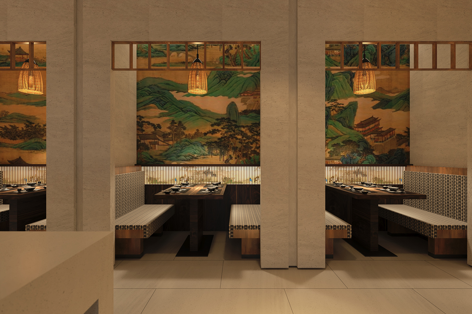 卡间墙面会采用日式主题手绘墙画.