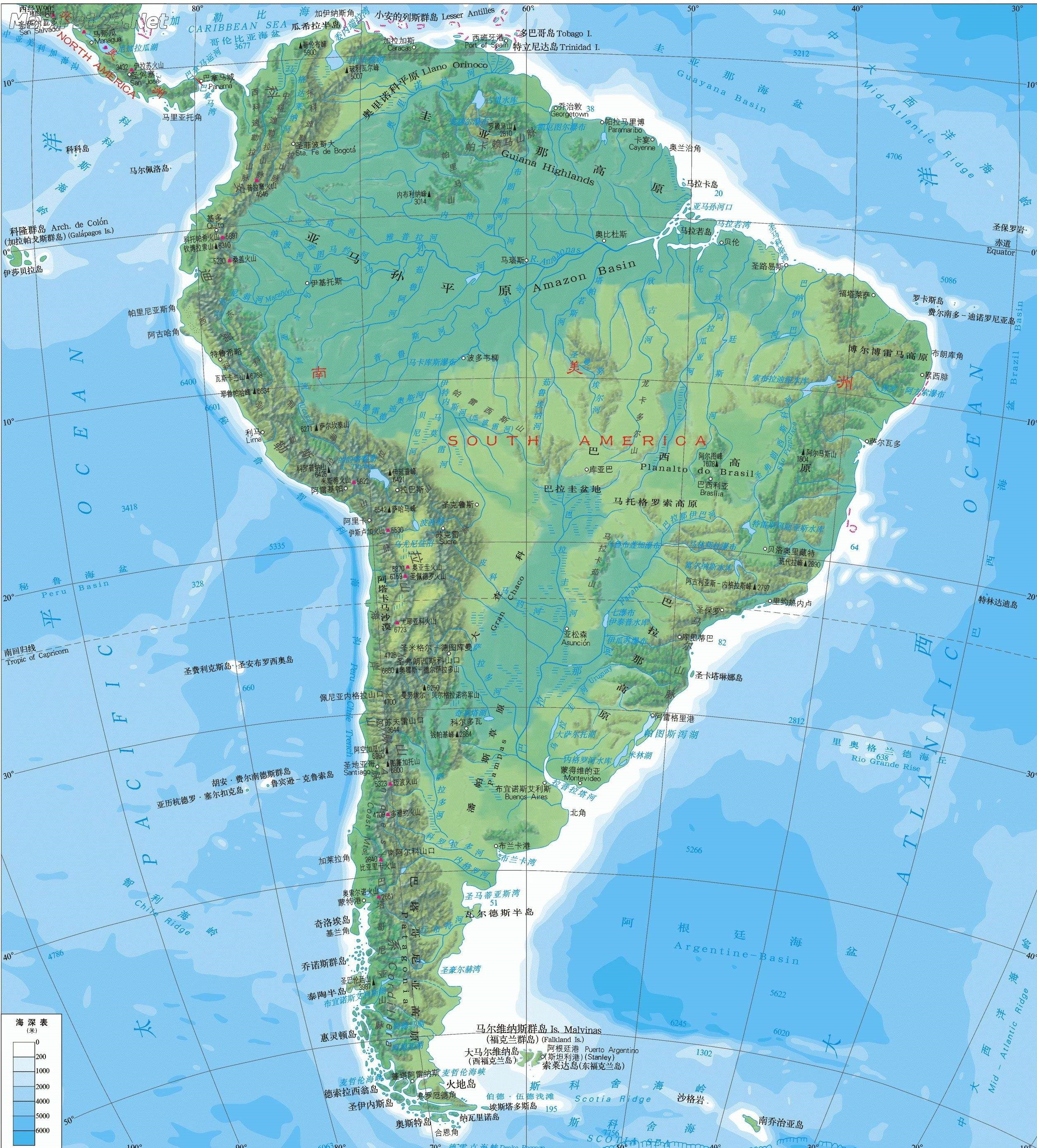 南北美洲地形图高清图片