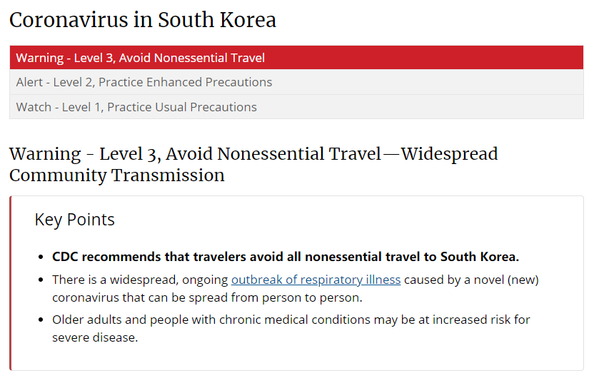 环球时报：美国CDC发布赴韩旅游最高级别警告，建议美国人不要前往韩国