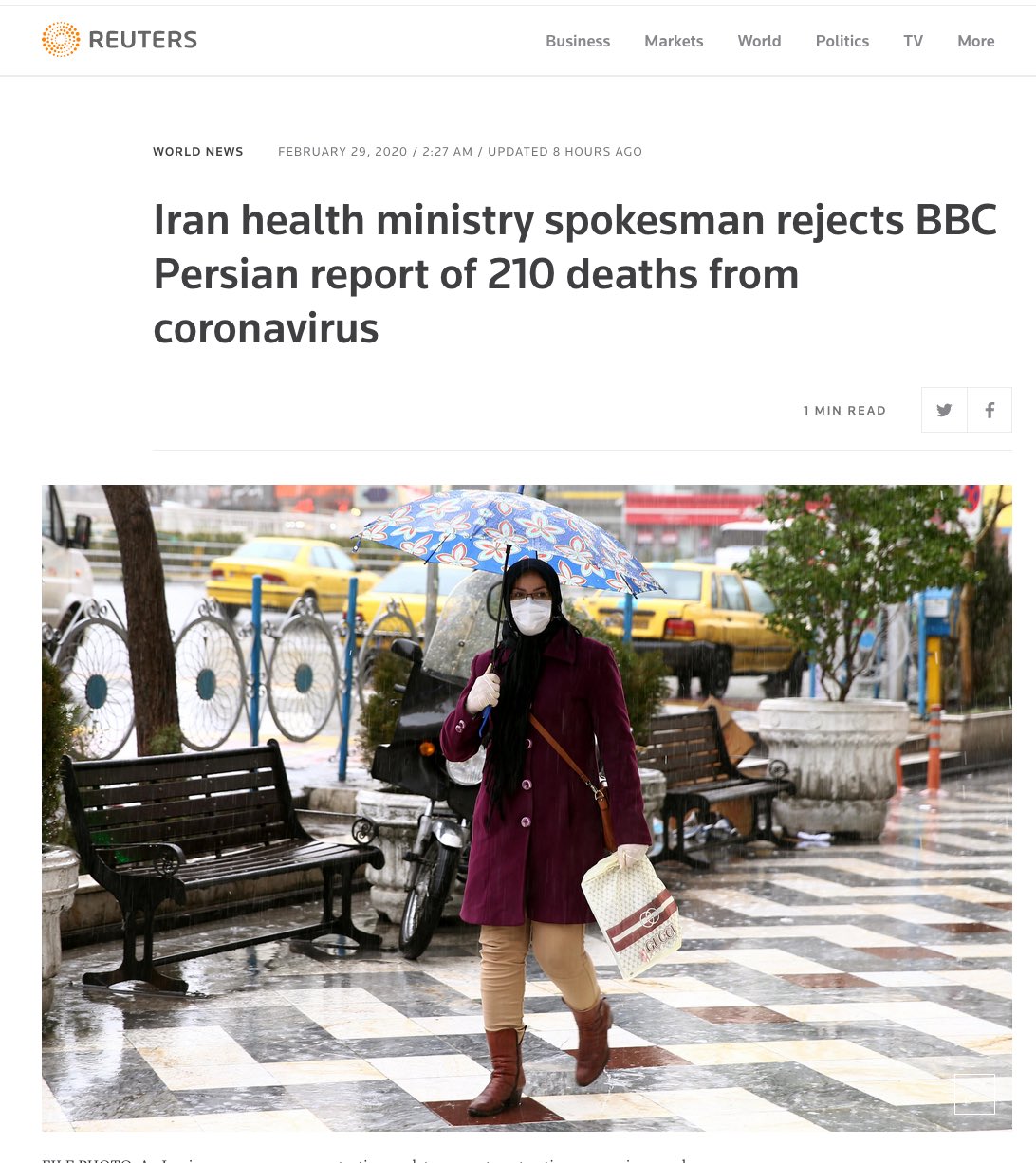【环球时报】伊朗否认BBC波斯语报道死亡病例超210例：目前为止有34例死亡病例