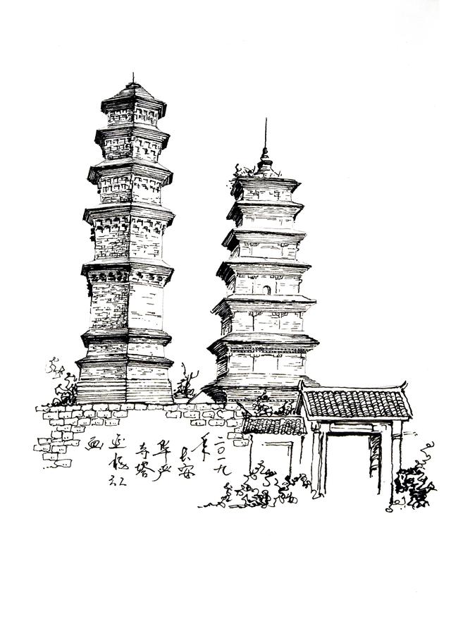 双塔寺手绘图片