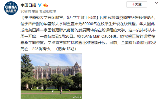 「大学」美华盛顿大学关闭教室，5万学生改上网课