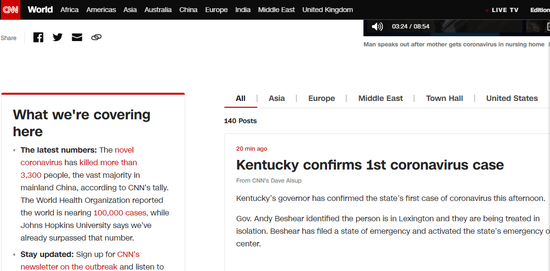 肺炎■美国肯塔基州出现首例新冠肺炎确诊病例